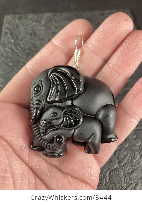 Carved Black Obsidian Mamma and Baby Elephant Stone Jewelry Pendant with Silver Bail - #sFZHiYchlqI-8