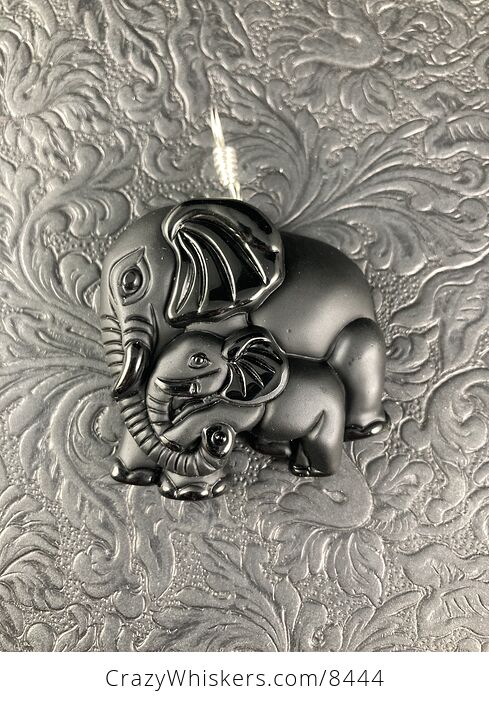 Carved Black Obsidian Mamma and Baby Elephant Stone Jewelry Pendant with Silver Bail - #sFZHiYchlqI-3