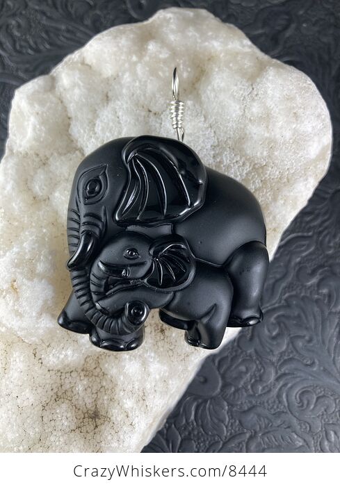 Carved Black Obsidian Mamma and Baby Elephant Stone Jewelry Pendant with Silver Bail - #sFZHiYchlqI-4