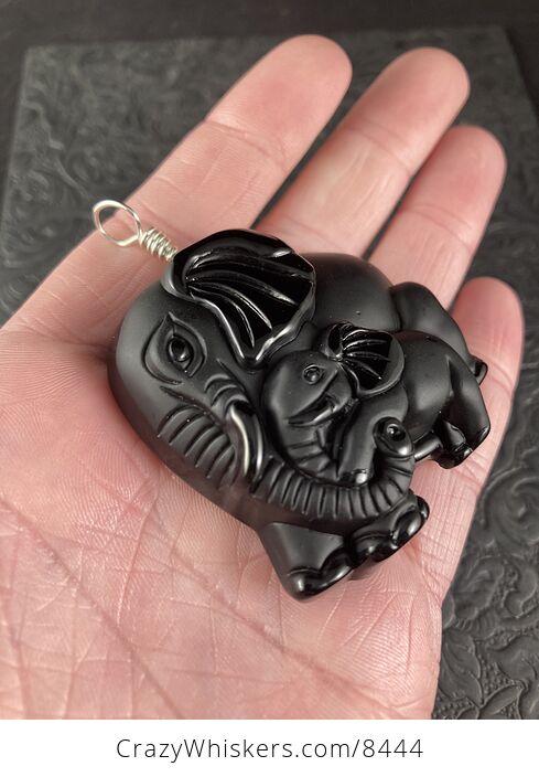 Carved Black Obsidian Mamma and Baby Elephant Stone Jewelry Pendant with Silver Bail - #sFZHiYchlqI-7