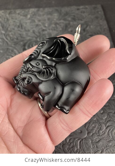 Carved Black Obsidian Mamma and Baby Elephant Stone Jewelry Pendant with Silver Bail - #sFZHiYchlqI-6