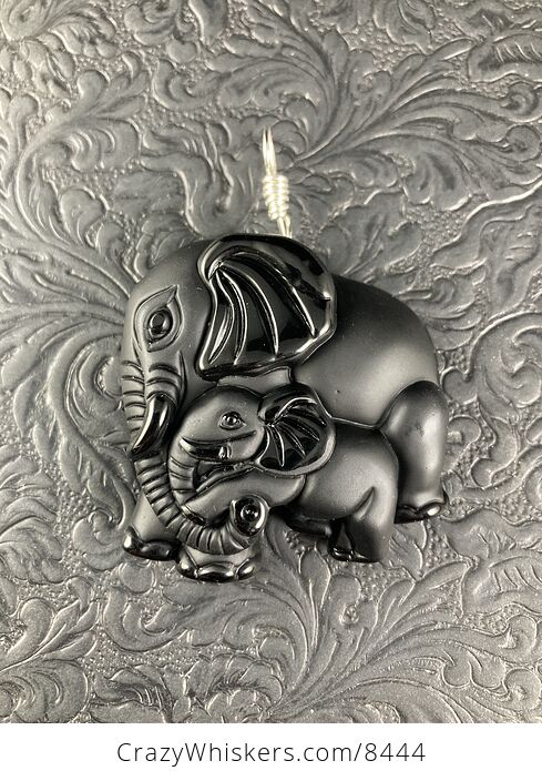 Carved Black Obsidian Mamma and Baby Elephant Stone Jewelry Pendant with Silver Bail - #sFZHiYchlqI-2
