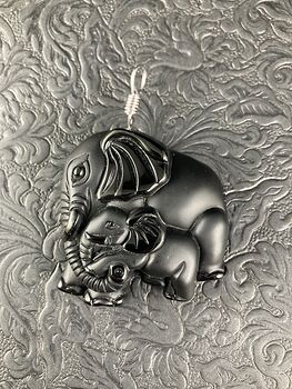 Carved Black Obsidian Mamma and Baby Elephant Stone Jewelry Pendant with Titanium Tone Bail #Ub2eFEZJny8