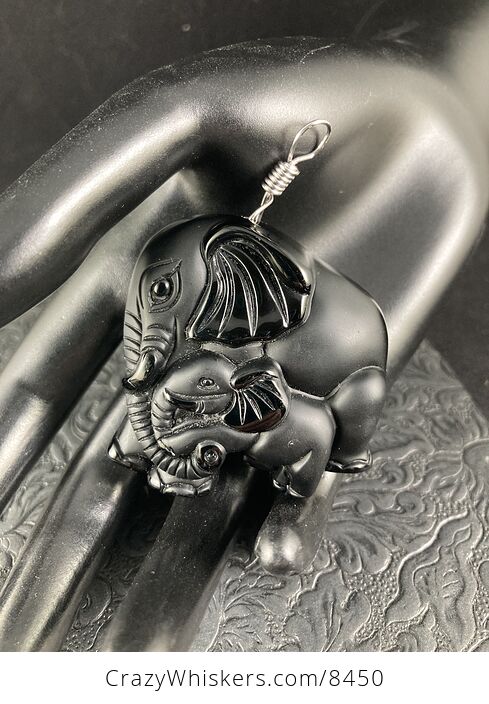 Carved Black Obsidian Mamma and Baby Elephant Stone Jewelry Pendant with Titanium Tone Bail - #Ub2eFEZJny8-5