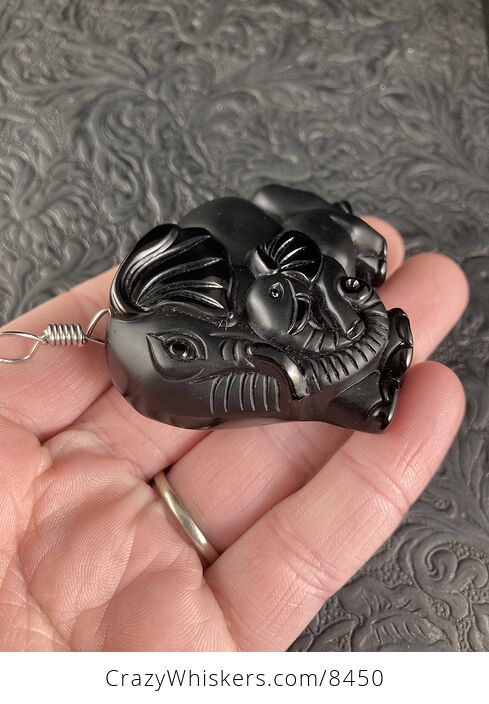 Carved Black Obsidian Mamma and Baby Elephant Stone Jewelry Pendant with Titanium Tone Bail - #Ub2eFEZJny8-3