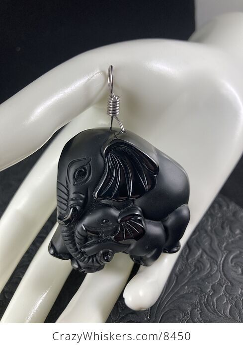 Carved Black Obsidian Mamma and Baby Elephant Stone Jewelry Pendant with Titanium Tone Bail - #Ub2eFEZJny8-6