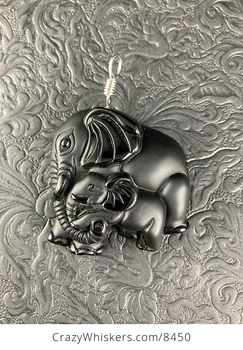 Carved Black Obsidian Mamma and Baby Elephant Stone Jewelry Pendant with Titanium Tone Bail - #Ub2eFEZJny8-1