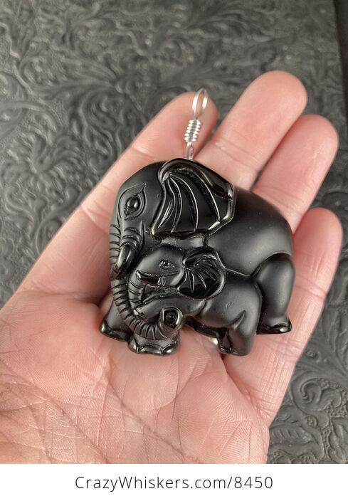 Carved Black Obsidian Mamma and Baby Elephant Stone Jewelry Pendant with Titanium Tone Bail - #Ub2eFEZJny8-7