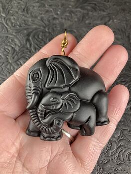 Carved Black Obsidian Mamma and Baby Elephant Stone Jewelry Pendant with Vintage Bronze Toned Bail #CvJvVDZZ6uc