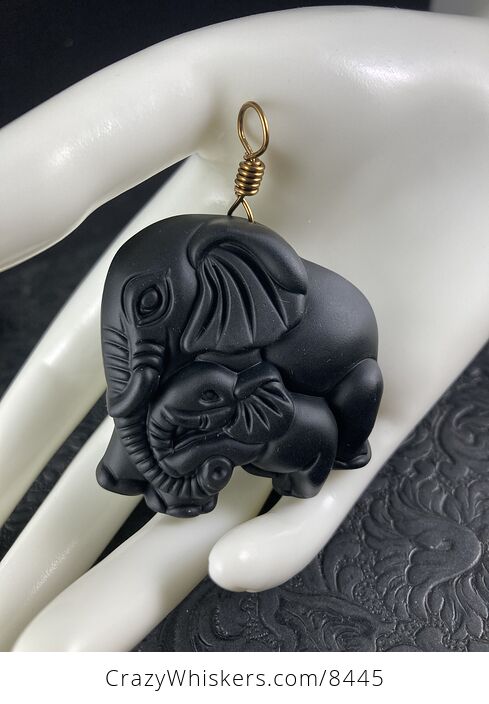 Carved Black Obsidian Mamma and Baby Elephant Stone Jewelry Pendant with Vintage Bronze Toned Bail - #CvJvVDZZ6uc-3