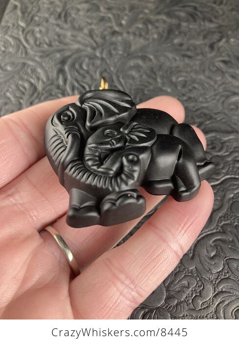 Carved Black Obsidian Mamma and Baby Elephant Stone Jewelry Pendant with Vintage Bronze Toned Bail - #CvJvVDZZ6uc-5