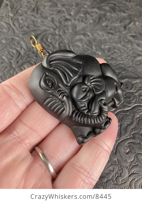 Carved Black Obsidian Mamma and Baby Elephant Stone Jewelry Pendant with Vintage Bronze Toned Bail - #CvJvVDZZ6uc-7