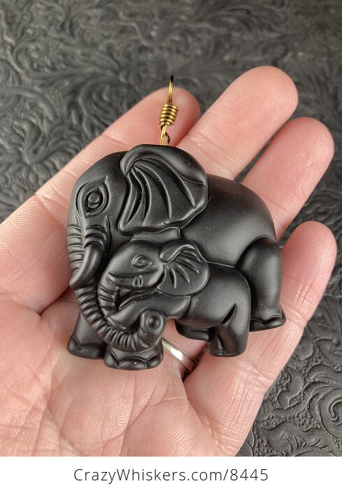 Carved Black Obsidian Mamma and Baby Elephant Stone Jewelry Pendant with Vintage Bronze Toned Bail - #CvJvVDZZ6uc-1