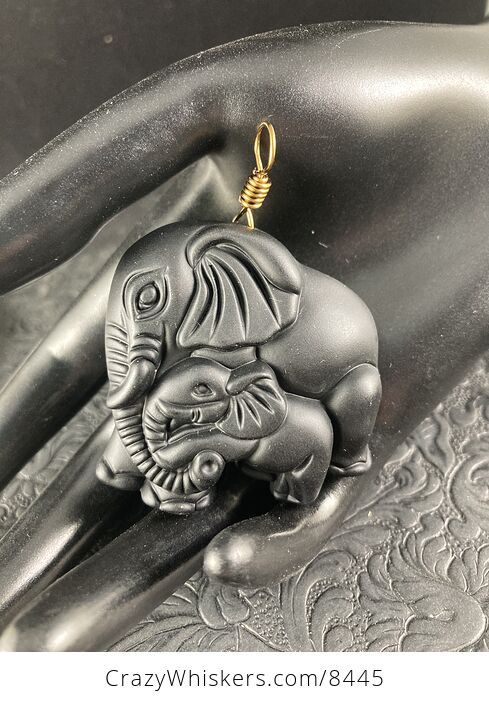 Carved Black Obsidian Mamma and Baby Elephant Stone Jewelry Pendant with Vintage Bronze Toned Bail - #CvJvVDZZ6uc-2