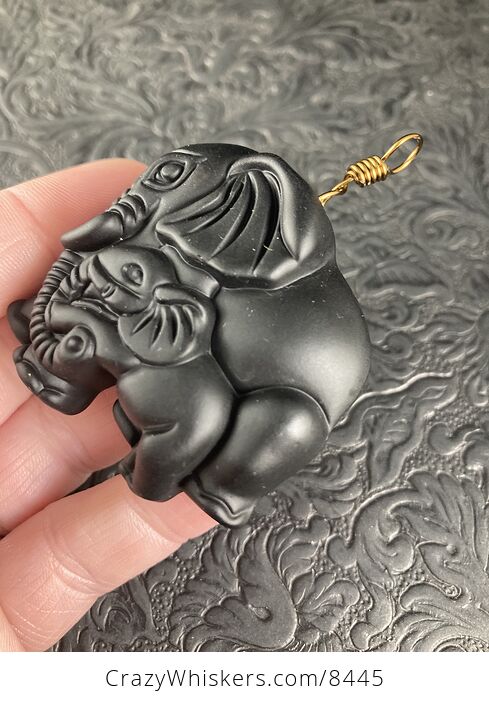Carved Black Obsidian Mamma and Baby Elephant Stone Jewelry Pendant with Vintage Bronze Toned Bail - #CvJvVDZZ6uc-6