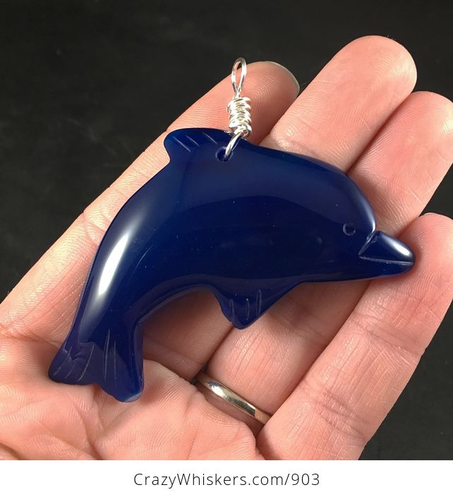 Carved Blue Stone Jumping Dolphin Pendant with Silver Plated Wire Wrap Bail - #Zjapm01Tfac-1