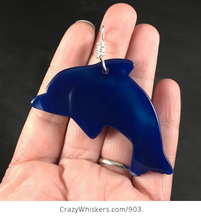 Carved Blue Stone Jumping Dolphin Pendant with Silver Plated Wire Wrap Bail - #Zjapm01Tfac-2