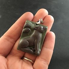 Carved Brown and Green Ribbon Jasper Sitting Wolf or Coyote Pendant #gZ1bL9h9Jdg