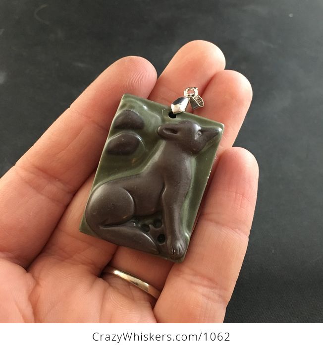 Carved Brown and Green Ribbon Jasper Sitting Wolf or Coyote Pendant - #gZ1bL9h9Jdg-1