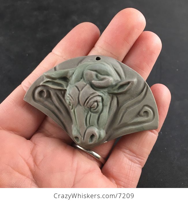 Carved Bull Taurus Head Ribbon Jasper Stone Pendant Jewelry - #HsmLHmJHC8w-1