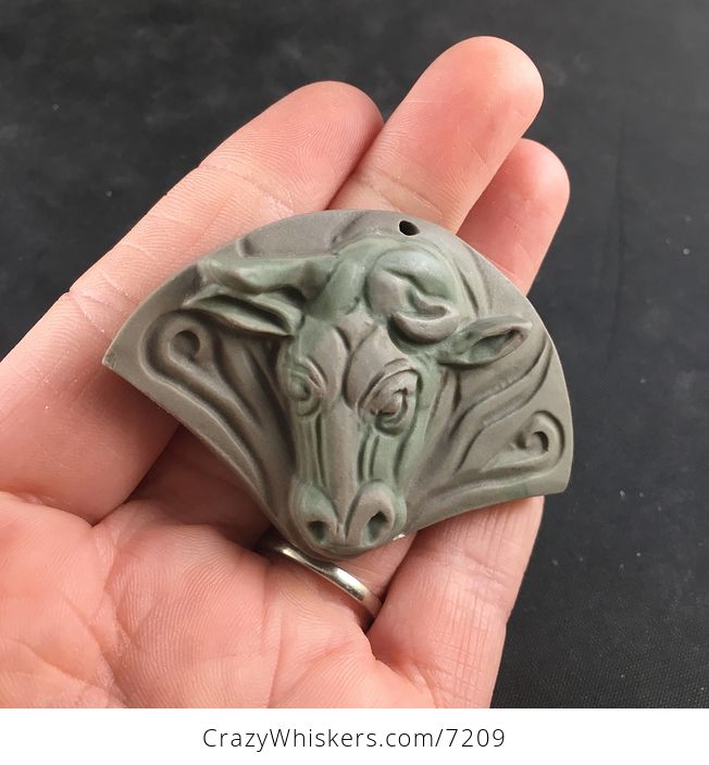 Carved Bull Taurus Head Ribbon Jasper Stone Pendant Necklace Jewelry - #HsmLHmJHC8w-2