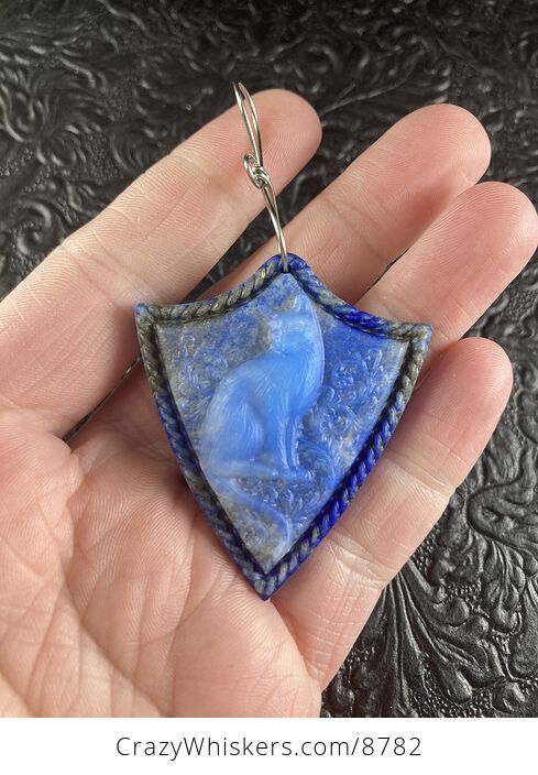 Carved Cat in Glass and Lapis Lazuli Stone Jewelry Pendant - #b3axxGSLoHY-1