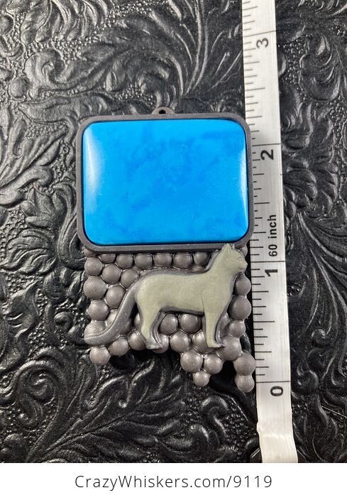 Carved Cat in Jasper with Turquoise Mini Art Stone Jewelry Pendant - #8Ebi5H2wzLs-9