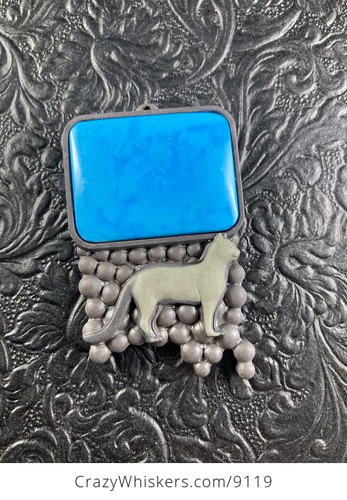Carved Cat in Jasper with Turquoise Mini Art Stone Jewelry Pendant - #8Ebi5H2wzLs-8