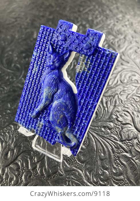 Carved Cat in Lapis Lazuli Stone Mini Art Jewelry Pendant - #9htQzYeyVHQ-6