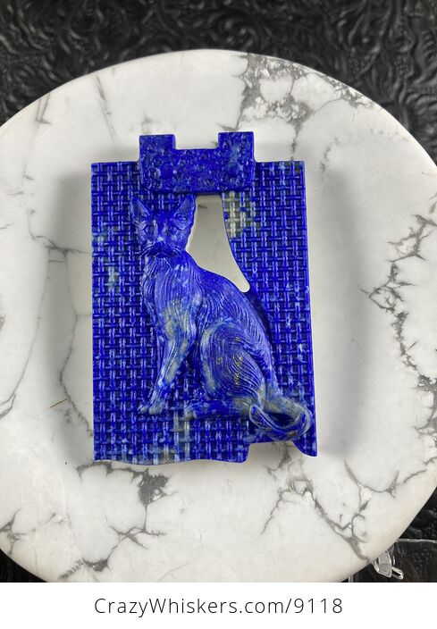 Carved Cat in Lapis Lazuli Stone Mini Art Jewelry Pendant - #9htQzYeyVHQ-10