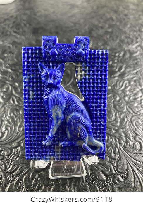 Carved Cat in Lapis Lazuli Stone Mini Art Jewelry Pendant - #9htQzYeyVHQ-5