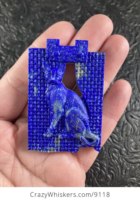 Carved Cat in Lapis Lazuli Stone Mini Art Jewelry Pendant - #9htQzYeyVHQ-9