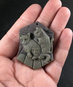 Carved Cats or Kittens Ribbon Jasper Stone Pendant with Wire Bail #Ot1dMktMH04