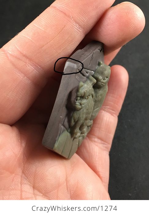 Carved Cats or Kittens Ribbon Jasper Stone Pendant with Wire Bail - #Ot1dMktMH04-2