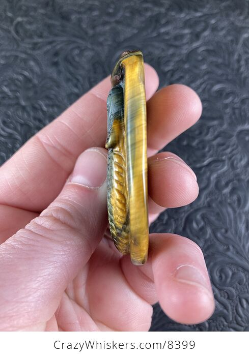 Carved Chameleon Lizard in Vibrant Tigers Hawks Eye Stone Jewelry Pendant - #m1MhiKgaE7M-3