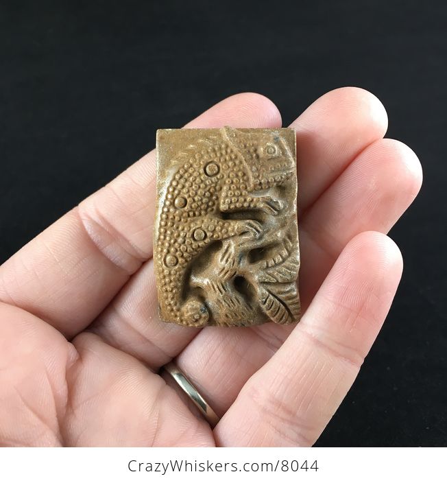 Carved Chameleon Lizard Picture Jasper Stone Jewelry Pendant - #L2lIYMV0ddo-1
