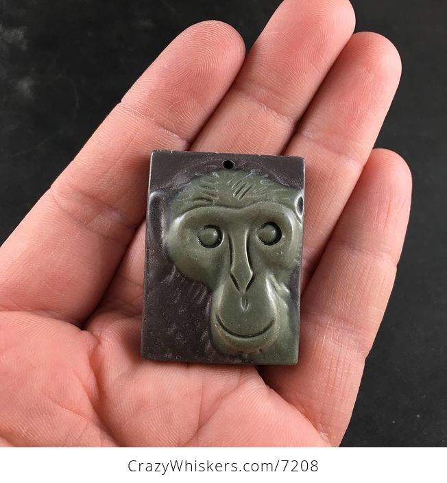 Carved Chimp Monkey Face Ribbon Jasper Stone Pendant - #uKOjlKsmxdg-1