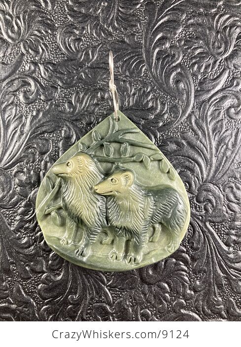 Carved Collie Dogs Jasper Stone Pendant Jewelry - #l74NU9MaTkk-1