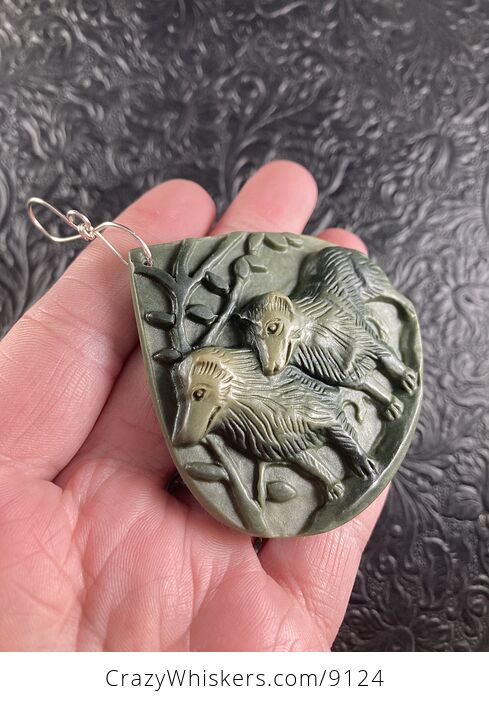 Carved Collie Dogs Ribbon Jasper Stone Pendant Jewelry - #l74NU9MaTkk-8