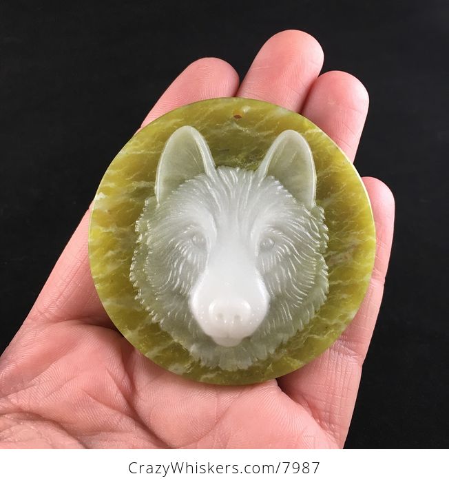 Carved Coyote Wolf or Dog Head in White Jade Set on Greenish Lemon Jade Stone Jewelry Pendant - #83TpCX6nhmM-1