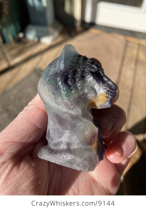 Carved Crystal Tiger Head Bust Figurine in Purple Green and Yellow Fluorite Stone - #Q8wmLLHrNuE-6