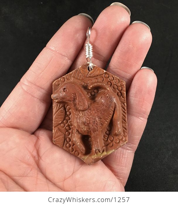 Carved Dog Red Jasper Stone Pendant with Wire Bail - #5ZwIT38XnQ0-1