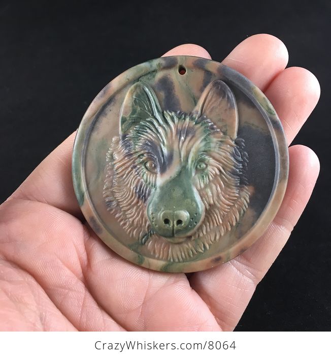 Carved Dog Wolf or Coyote Face in Ribbon Jasper Stone Jewelry Pendant - #K9WQSh8YlTk-2