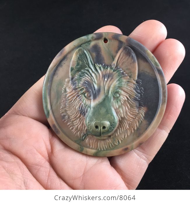 Carved Dog Wolf or Coyote Face in Ribbon Jasper Stone Jewelry Pendant - #K9WQSh8YlTk-1
