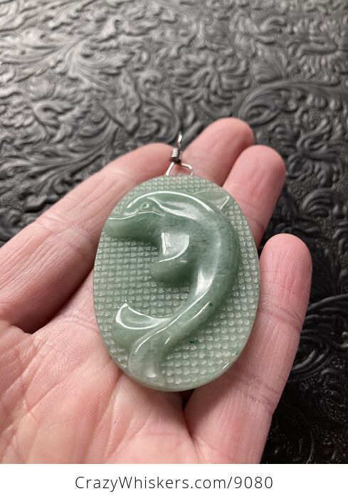Carved Dolphin in Green Aventurine Stone Jewelry Pendant - #xE0EGg6g98A-2