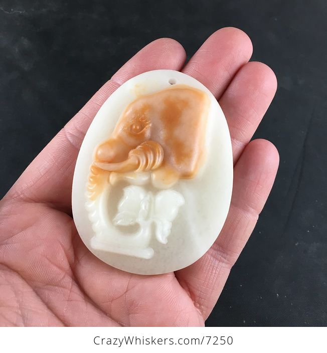 Carved Elephant Face White and Orange and Red Jasper Stone Jewelry Pendant - #4JXNRNc2J5A-1