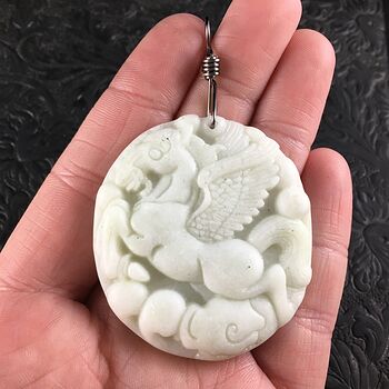 Carved Flying Pegasus Horse Chinese White Jade Stone and Hematite Black Wire Pendant Jewelry #TgIqTbeUYgA