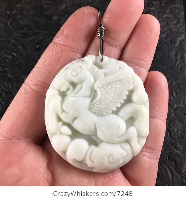 Carved Flying Pegasus Horse Chinese White Jade Stone and Hematite Black Wire Pendant Jewelry - #TgIqTbeUYgA-1