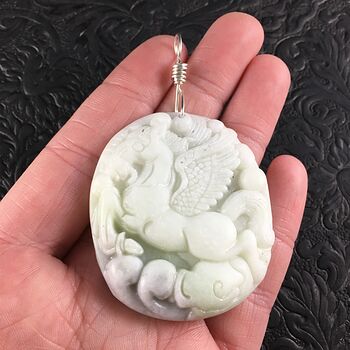 Carved Flying Pegasus Horse Chinese White Jade Stone and Sterling Silver Wire Pendant Jewelry #upaV1WMIob0