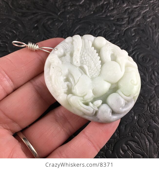 Carved Flying Pegasus Horse Chinese White Jade Stone and Sterling Silver Wire Pendant Jewelry - #upaV1WMIob0-4